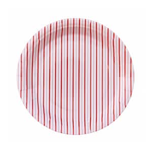 May include: A round paper plate with a white background and vertical red stripes. The plate has a slightly raised edge and is designed for single use. The plate is suitable for serving food at a party or picnic.