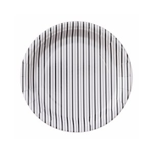 May include: White oval paper plate with black vertical stripes.