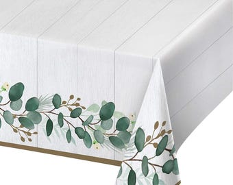 Eucalyptus Paper Tablecloth: Green Foliage & Gold - Disposable Table Cover for Birthday Baptism First Communion
