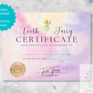 Druckbare Zahnfee Zertifikat, Sofort Download, Zahnfee, Kinder, druckbares Zertifikat
