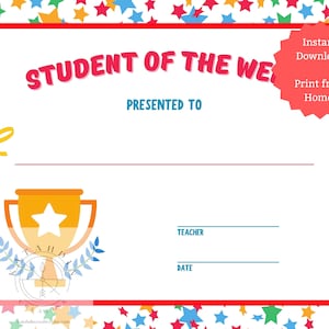 Printable Student of the Week Certificate, Instant Download, School, Kids, Printable Certificate, Teacher Printables