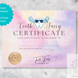 Druckbare Zahnfee Zertifikat, Sofort Download, Zahnfee, Kinder, druckbares Zertifikat