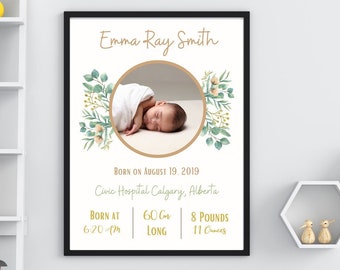 Printable Birth Stats Wall Art, Personalized Newborn Gift, Custom Photo, Birth Announcement, Nursery Decor, baby picture birth stats