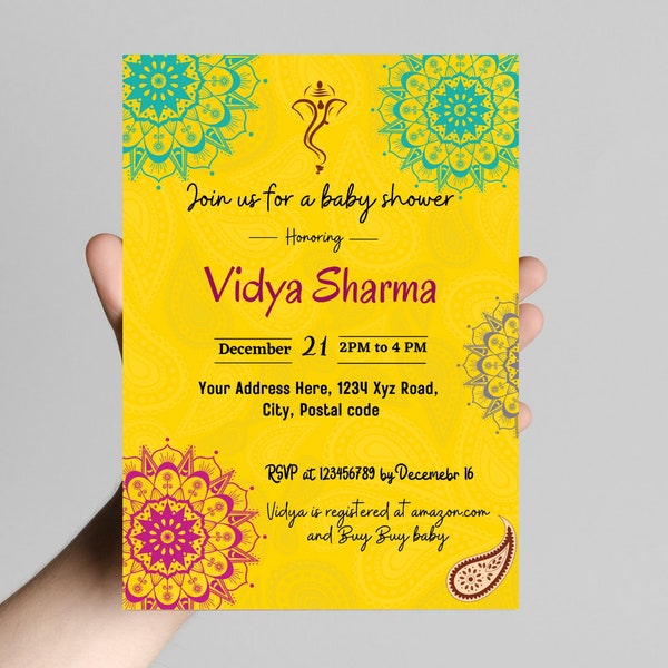 Invitation à une baby shower indienne imprimable, thème neutre en matière de genre, invitation traditionnelle à la fête de bébé, design indien Rangoli