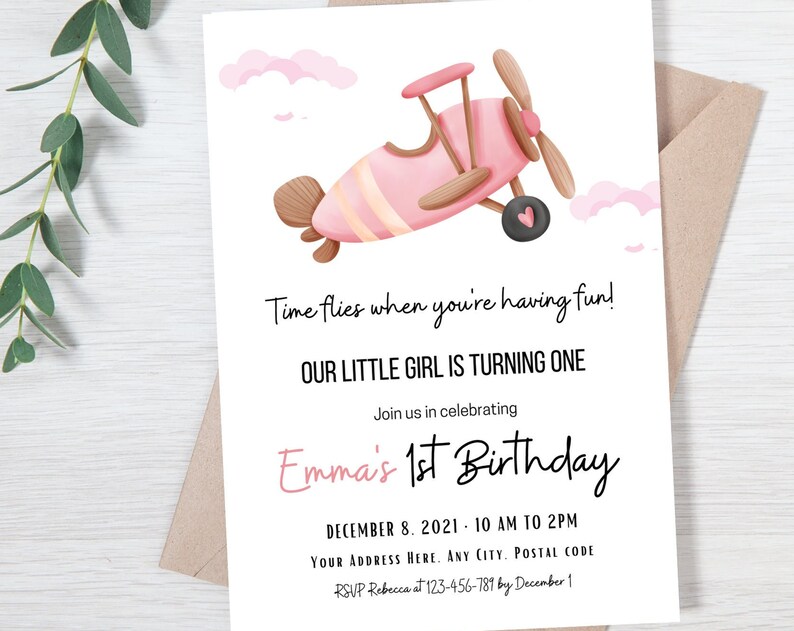 Airplane Birthday Invitation Girl Birthday Evite First Birthday Invite Time Flies when you are having fun Print or share