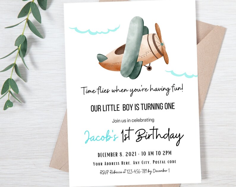Airplane Birthday Invitation Boy Birthday Evite First Birthday Invite Time Flies when you are having fun Print or share