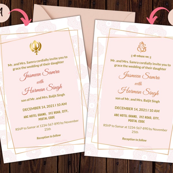 Printable Indian Wedding Invitation, Wedding Template Evite, Hindu wedding Invite, Punjabi Wedding, Anand Karaj Invite, Sikh Wedding Invite