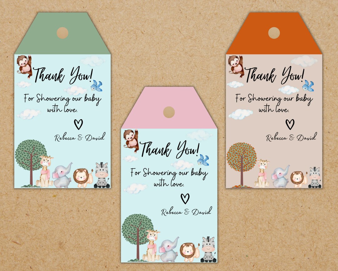Printable Thank You Tags Baby Shower, Personalized Text, Jungle Safari ...