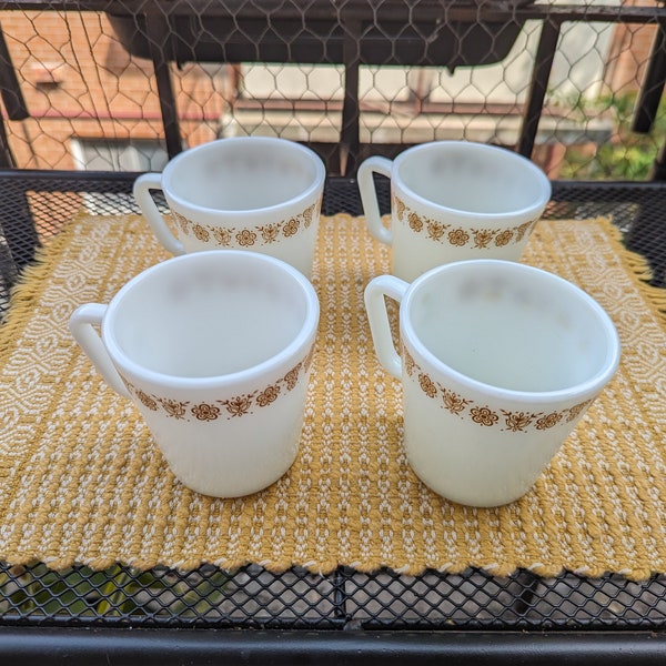 Vintage Pyrex Coffee Mugs with Gold Butterfly & Flower Design