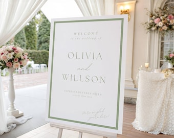 Elegant Wedding Welcome Sign Template, Elegant Sage Green wedding sign, script calligraphy style (Canva Editable