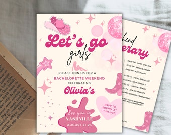 Könnte beinhalten: Eine rosa und weiße Junggesellinnenabschiedseinladung mit einem rosa Cowboyhut, Sternen und einer Discokugel. Die Einladung lautet "Let's go girls" und "Please join us for a bachelorette weekend celebrating Olivia's. See you in Nashville August 21-23".