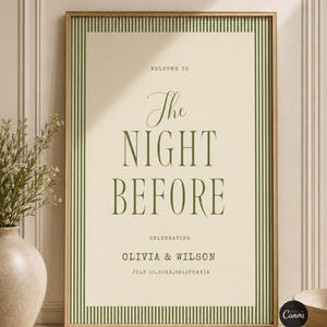 Puede incluir: Un letrero enmarcado con un borde dorado y un fondo color crema. El letrero tiene rayas verticales verdes en los bordes. El texto dice: "WELCOME TO The NIGHT BEFORE CELEBRATING OLIVIA & WILSON JULY 15, 20XX, CALIFORNIA."