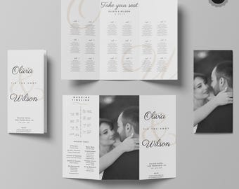 May include: A trifold wedding program with the names Olivia and Wilson in elegant script. The program includes a seating chart, wedding timeline, and wedding party details. A black and white photo of a couple is also featured.