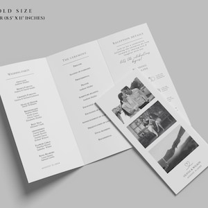 May include: A black and white trifold wedding program with the text "TRIFOLD SIZE US LETTER (8.5" X 11" INCHES)". The program includes wedding party details, ceremony order, and reception information. A smaller card with wedding photos is on top.