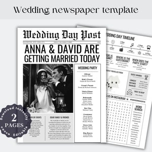 May include: A black and white wedding announcement newspaper template with the headline "Anna & David Are Getting Married Today". The template includes a wedding party list, a timeline of events, a map, and a word search puzzle.