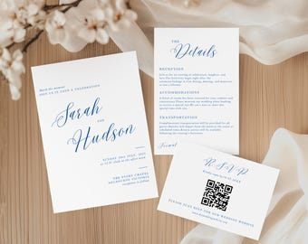 Elegante y sencilla invitación de boda con RSVP/plantilla de código QR RSVP editable minimalista Canva/paquete de invitación moderno Descarga instantánea