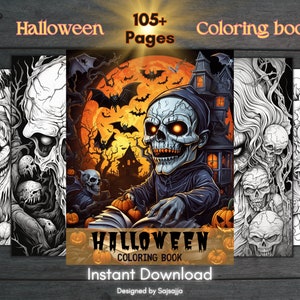 105+ Halloween Adult coloring book pages, Halloween Grayscale book, Printable coloring book Instant download, horror Pumpkin Coloring Page