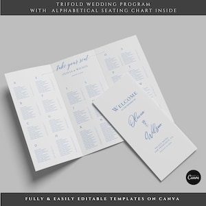 May include: A white trifold wedding program with a blue alphabetical seating chart. The cover reads "Welcome to the Wedding of Olivia Wilson". The text "take your seat" is also visible in blue.