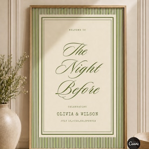 May include: A framed sign with the text "Welcome to The Night Before" in elegant script. The sign is bordered with green stripes and includes the names Olivia & Wilson, and the date July 15, 20XX, California.