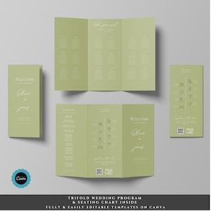 Trifold Wedding Timeline With Wedding Seating Chart Template, Wedding Day Timeline, Ceremony Program,Wedding Schedule Program Template Olive