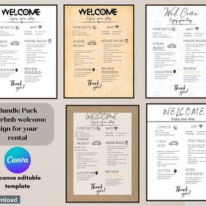 Airbnb Welcome Sign, Bundle pack of 5 airbnb canva template,VRBO Template, Vacation Rental,House Rental Sign,Things to KnowBeach House Rules