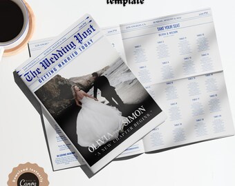 May include: A wedding newspaper template with a photo of a couple on the beach. The headline reads "The Wedding Post" and "Getting Married Today". The text "Olivia and Simon" is printed in large white letters on the front page. The back page shows a seating chart with the text "Take Your Seat" and "Olivia & Wilson".