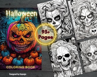 95+ Halloween coloring book pages, Adult coloring book, Printable Halloween Grayscale book  Instant download, horror Pumpkin Coloring Page