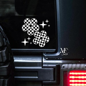 Checkered Flowers Car Decal, Trendy Car Decal For Women, Cute Car Accessories, Vinyl Decal, Window Truck Decal, Retro Sticker Decal