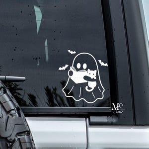 Ghost Reading Cat Car Decal, Cute Ghost Vinyl Decal, Trending Decals For Cars, Cute Car Accessories, Spooky Vinyl Sticker, Book Lover Decal