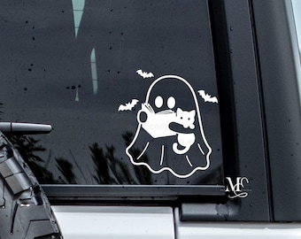 Ghost Reading Cat Car Decal, Cute Ghost Vinyl Decal, Trending Decals For Cars, Cute Car Accessories, Spooky Vinyl Sticker, Book Lover Decal