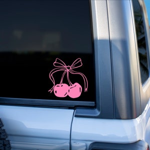 Pink Bow Cherries Car Sticker, Trendy Car Window Vinyl Decal, Truck Decal Sticker, Coquette Cherries Car Accessories, Vinyl Decal