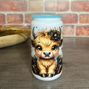 Highland Cow Glass Can Cup, Glass Tumbler For Cow Lovers, Cow Iced Coffee Can Glass, Highland Cow Coffee Mug, Personalized Gift, Glass Mug