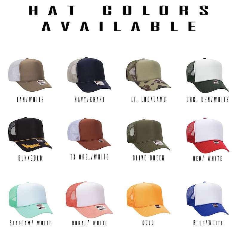 Puede incluir: Doce combinaciones de colores diferentes de gorras de camionero. Las gorras son todas blancas con una malla trasera de color. Los colores incluyen beige, azul marino, camuflaje claro, verde oscuro, negro, naranja, verde oliva, rojo, verde agua, coral, dorado y azul.