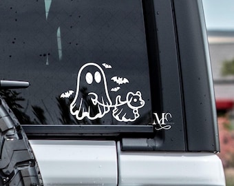 Ghost Walking Dog Car Decal, Cute Ghost Vinyl Decal, Trending Decals For Cars, Cute Car Accessories, Spooky Vinyl Sticker, Bats Decal