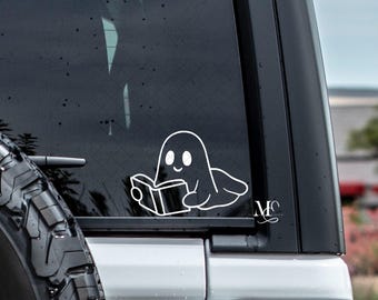 Ghost Reading Laying Down Car Decal, Ghost Vinyl Decal, Trending Decals For Cars, Car Accessories, Spooky Vinyl Sticker, Book Lover Decal