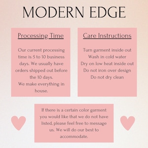 K&ouml;nnte beinhalten: Rosa und wei&szlig;er Text auf wei&szlig;em Hintergrund mit den Worten "MODERN EDGE", "Processing Time" und "Care Instructions". Der Text beschreibt die Bearbeitungszeit f&uuml;r Bestellungen und Pflegehinweise f&uuml;r das Kleidungsst&uuml;ck.