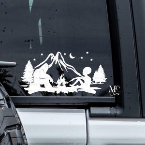 Bigfoot And Alien By Campfire Vinyl Car Decal, Sasquatch Vinyl Sticker For Window, Trending Vinyl Decal, Funny Car Decal Vinyl Sticker