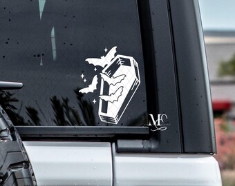 Coffin With Bats Car Decal, Cute Ghost Vinyl Decal, Trending Decals For Cars, Car Accessories, Spooky Vinyl Sticker