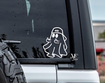 Ghost Middle Finger With Backwards Hat Decal, Cute Ghost Vinyl Decal, Trending Decals For Cars, Cute Car Accessories, Spooky Vinyl Sticker