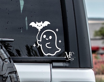 Ghost With Bat Balloon Car Decal, Cute Ghost Vinyl Decal, Trending Decals For Cars, Car Accessories, Spooky Vinyl Sticker