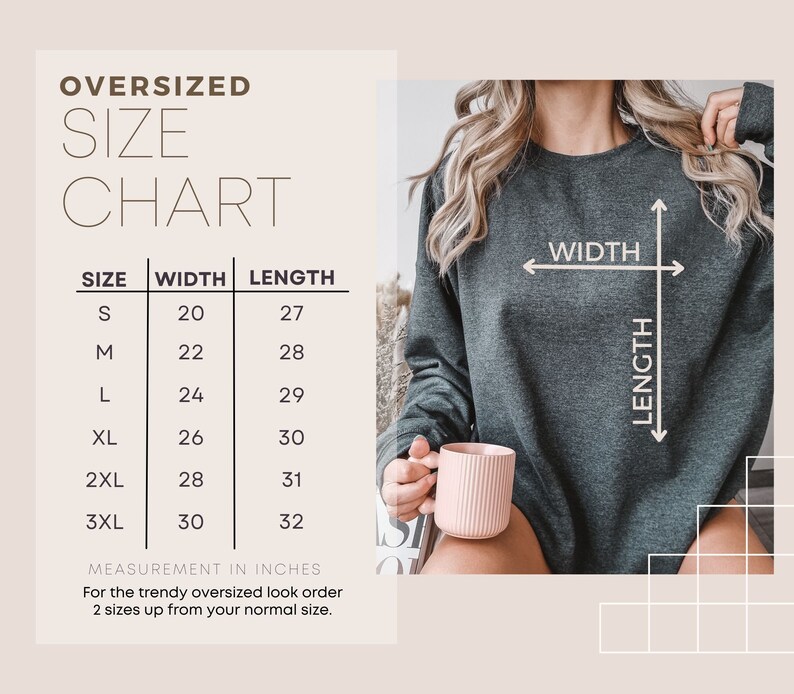 K&ouml;nnte beinhalten: Gr&ouml;&szlig;entabelle f&uuml;r einen Oversize-Sweatshirt mit Ma&szlig;en in Zoll f&uuml;r Breite und L&auml;nge. Die Tabelle zeigt die Gr&ouml;&szlig;en S bis 3XL mit den entsprechenden Breiten- und L&auml;ngenma&szlig;en.