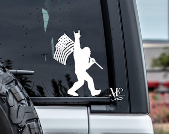 Bigfoot American Flag Vinyl Car Decal, Sasquatch Vinyl Sticker For Window, Trending Vinyl Decal, Rock On Bigfoot Car Decal Vinyl Sticker