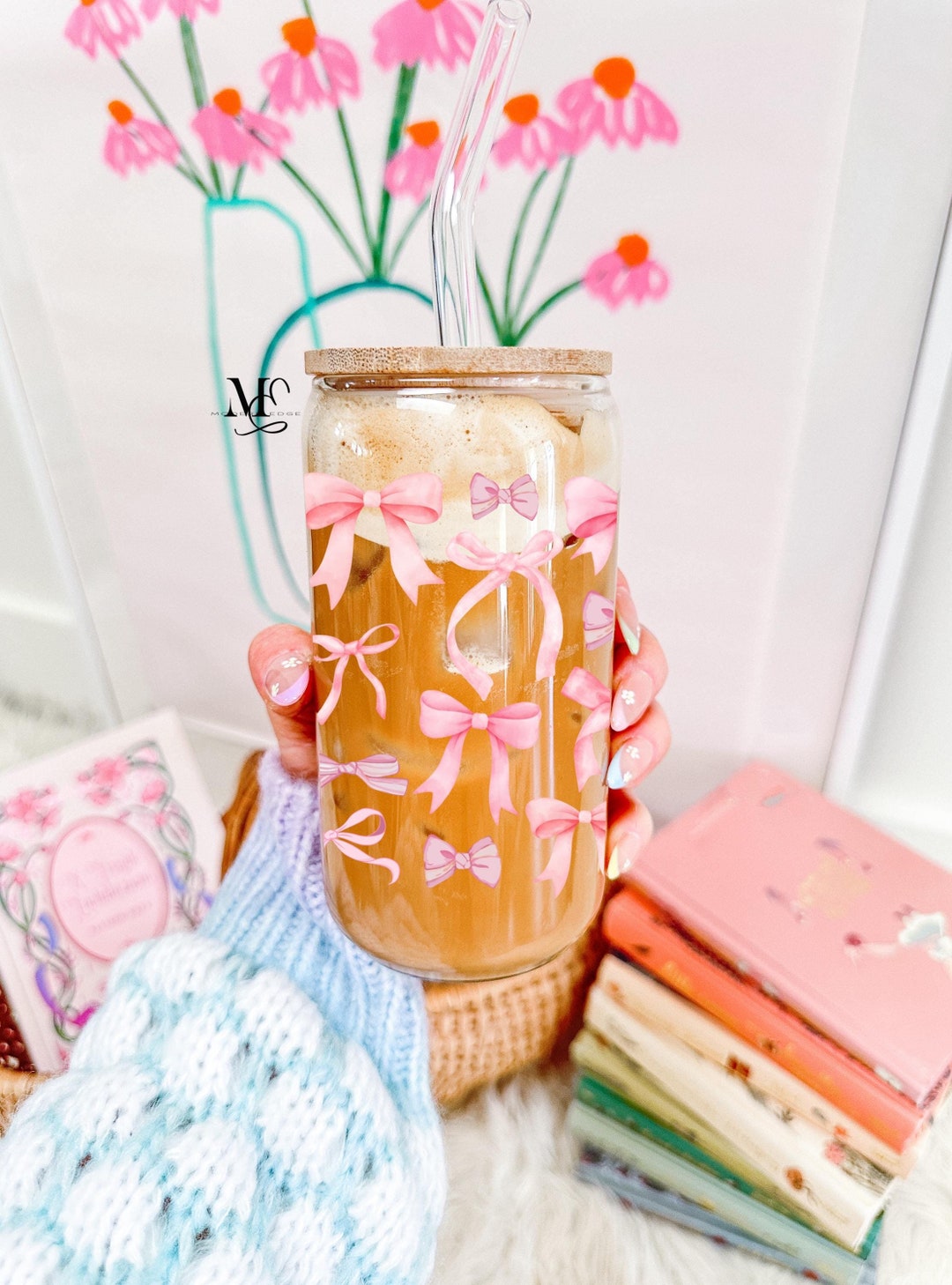 Pink Bow Glass Cup, Coquette Bow Glass Can Tumbler With Lid and Straw ...