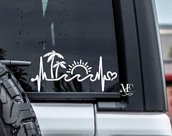 Beach Palm Trees Heartbeat Car Decal, Vinyl Sticker For Window, Trending Vinyl Decal, Car Accessories, Ocean Decal Sticker