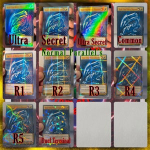 May include: A collection of Blue-Eyes White Dragon trading cards in various rarities, including Ultra, Secret, Ultra Secret, Common, and Normal Parallel. The cards are arranged in a grid with labels indicating their rarity.