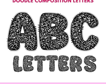 Letras para cuaderno de composición de garabatos, letras PNG, negras, letras de garabatos, letras retro