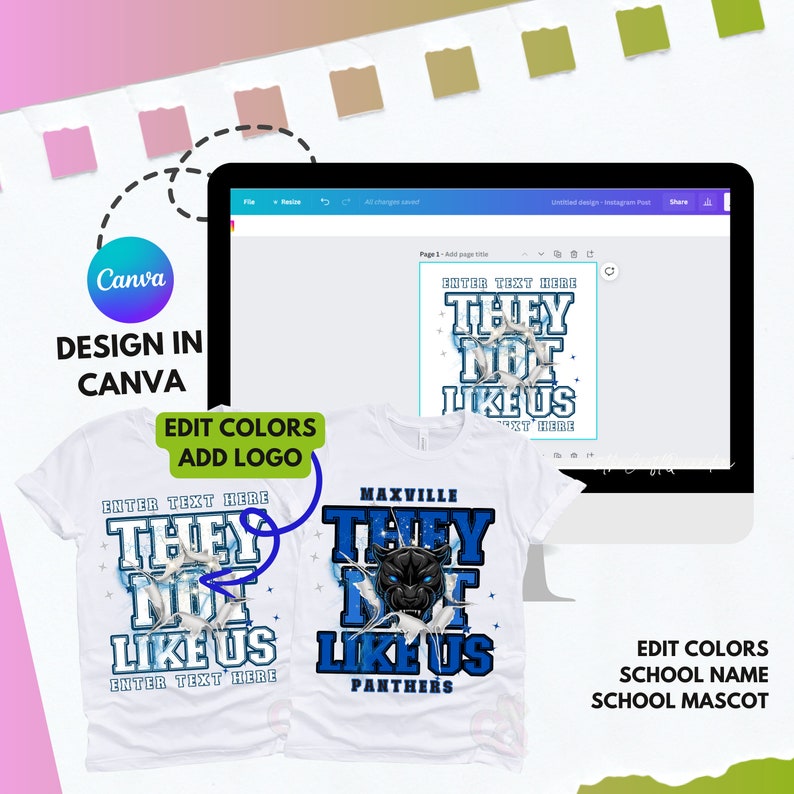 May include: A white t-shirt design template with a blue and white graphic that says "They Not Like Us" with a black panther head in the middle. The text "ENTER TEXT HERE" is above and below the graphic. The text "MAXVILLE PANTHERS" is below the graphic. The design is shown on a computer screen and on a white t-shirt.