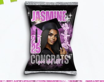 May include: A black chip bag template with a glittery silver border. The bag features a pink and purple design with the text "Jasmine Graduate 2025 Congrats you did it!" and a cartoon image of a Black woman wearing a graduation cap and gown.