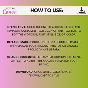 May include: A pink and green graphic with instructions on how to use Canva to edit a template. The text says "EDIT IN Canva" and "HOW TO USE: OPEN CANVA: CLICK THE LINK TO ACCESS THE EDITABLE TEMPLATE. CUSTOMIZE TEXT: CLICK ON ANY TEXT BOX TO EDIT THE WORDING, FONT STYLE, SIZE, OR COLOR. REPLACE IMAGES: CLICK ON THE PLACEHOLDER IMAGES, THEN UPLOAD YOUR PRODUCT PHOTOS OR CHOOSE FROM CANVA'S LIBRARY. CHANGE COLORS: SELECT ANY BACKGROUND, ELEMENT, OR TEXT TO ADJUST THE COLORS TO MATCH YOUR BRAND. DOWNLOAD: ONCE EDITED, CLICK "SHARE", "DOWNLOAD" TO SAVE."