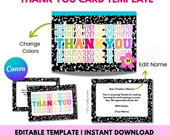 Composition Thank You Card Set Canva Template, Back To School, Canva, Teacher, Teacher Appreciation, Canva School, Canva Template
